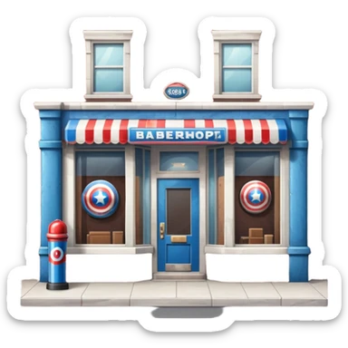 barbershop exterior with secret superhero lair hidden inside, barber pole, secret entrance sticker