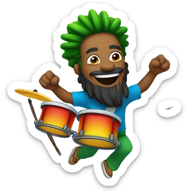  Draw a Brazilian drummer with tied hair, a beard, and Rastafarian style, jumping with joy and energetically playing drums in a live broadcast. The logo "GG Lukas Drummer" should be part of the background. sticker