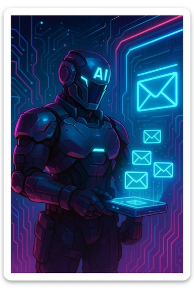 A cyberpunk-inspired AI bouncer agent, neon accents, standing guard at a virtual email gate, scanning emails with a holographic device, cool and assertive sticker