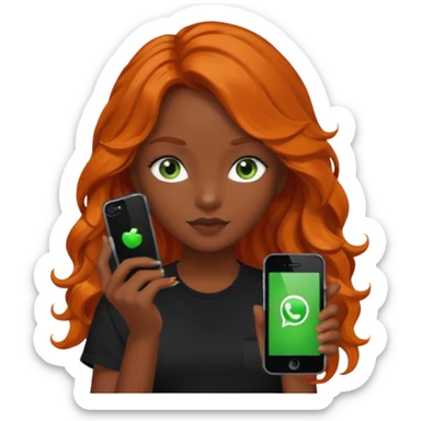Girl with dark long orange wavy hair, green eyes, and black t-shirt and phone with black  app on hand sticker