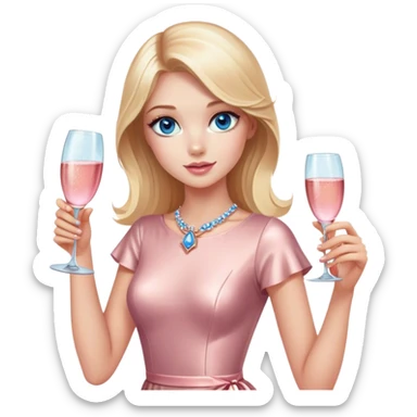 Pretty Blonde model, blue eyes, wearing a rose gold dress with short sleeves, raising a glass of pink champagne sticker