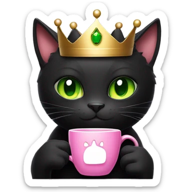 Black Cat with green eyes with crown on it’s head holding cup of coffe with it’s paw with pink nails sticker