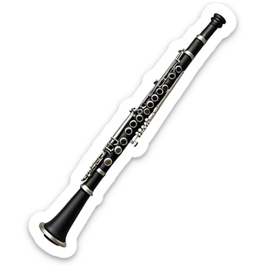 Create an elegant and refined emoji representing A clarinet. The design should showcase the sleek, black wood finish of the clarinet with its shiny metal keys and elegant detailing. Include the distinct, high-quality features, giving it a modern and sophisticated look. Add subtle elements like the mouthpiece with the reed, emphasizing its importance in sound production. Use dark tones like ebony, silver for the keys, and soft light reflections to evoke a professional, classical feel. The background should be transparent. sticker