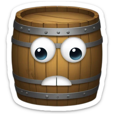 a barrel with eyes and a mouth sticker