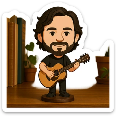 illustration of a musician playing guitar in bobblehead style sticker