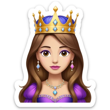 Queen, brown long hair, big golden crown encrusted with diamonds from blue to purple to pink, black dress sticker