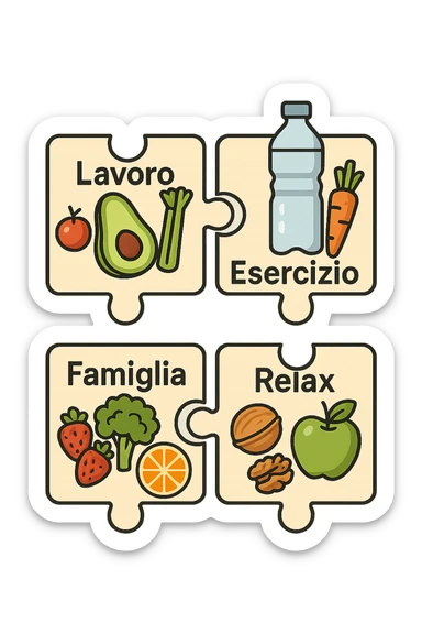 Puzzle (Lavoro, Esercizio, Famiglia, Relax), and healthy foods are integrated into each piece. in italiano sticker