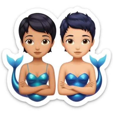 tanned skin, black haired, sibling mermaids, one with short hair and the other with pixie cut  sticker