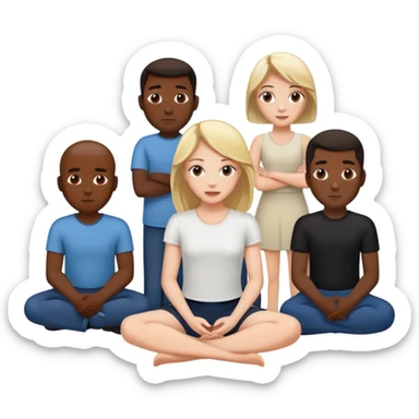 One white women is sitting on the ground and five black man are standing around her sticker