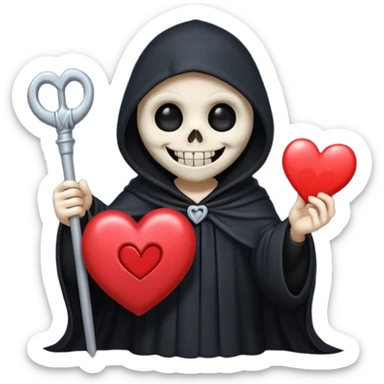cute animated non-human grim reaper with a big smile and a heart, emoji style sticker