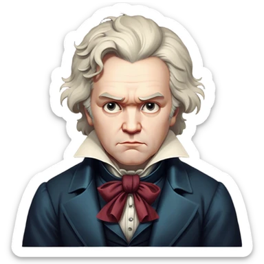 Cinematic Realistic Beethoven Portrait Emoji, depicted as a passionate composer with intense expressive features in period attire, rendered with rich textures and dramatic moody lighting that captures the turbulent genius of his music. sticker