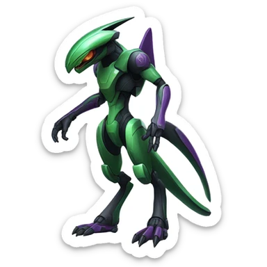 a black-green Genesect-Raptor-Fakémon—hybrid with a futuristic visor-helmet full body sticker