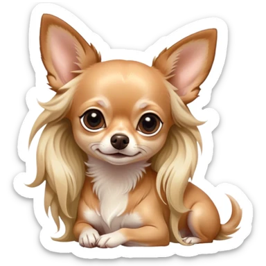 Cinematic Noble Long Haired Fawn Chihuahua Portrait Emoji, Poised and regal, with a delicate, refined build and a flowing, well-groomed long fawn coat, deep-set soulful dark eyes, Simplified yet sharp and sophisticated features, highly detailed, glowing with a soft, dignified glow, high shine, intelligent and loyal, stylized with an air of elegance, focused and attentive, soft glowing outline, capturing the essence of a watchful and confident guardian, so majestic it feels as though it could step out of the screen with effortless authority! sticker