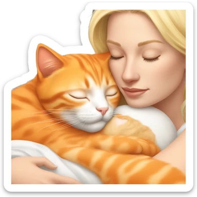 Orange kitty sleeping in the arms of blonde white woman sticker