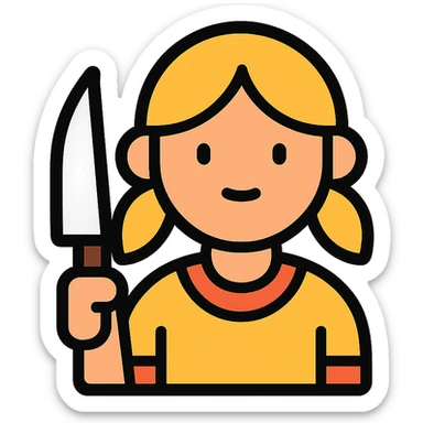girl holding a knife, color outline icon, black outlines, subtle color accents sticker