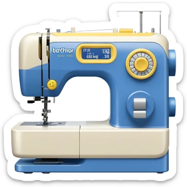 Modern Brother-style computerized sewing machine emoji, white and this yellow #FFB31E and light gray with a blue thread spool, small LCD screen and round dial, three-quarter view, soft gradients and shadows in Apple emoji style, plain light background. sticker