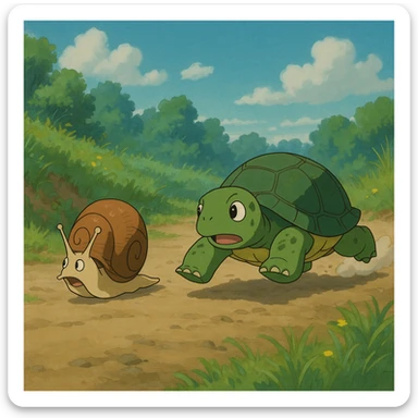 a snail racing a turtle, ghibli style sticker