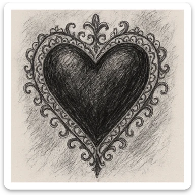 gothic heart with lace border, ornate, dark, elegant, pencil sketch style sticker