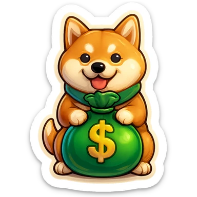 Make the bag of money much bigger while keeping the Shiba Inu and the retro stickers style the same, with no background. sticker
