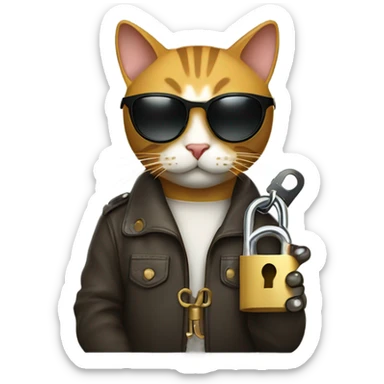 Design a cool cat emoji wearing sunglasses and holding a tiny key or sitting next to a lock. The cat should have a confident, laid-back pose. Use a minimalist style with clean lines. The cat should look trustworthy but chill. sticker