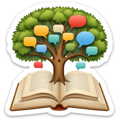 An icon featuring an open book, a speech bubble, and a linguistic tree, symbolizing philology and linguistics. The design includes alphabets, language symbols, representing the study of language, structure, and meaning. Transparent background highlights language research and analysis. sticker