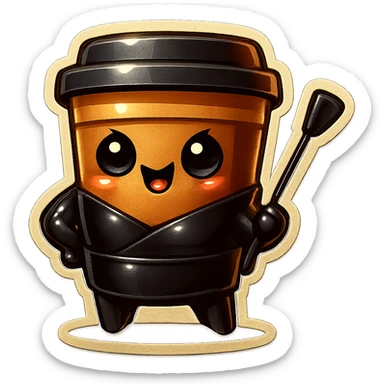 Tall coffee cup, dressed in leather holding a whipping crop, mischevious, sticker