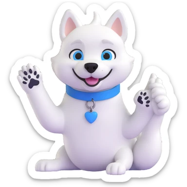 mascot of a sports club husky, white, black, blue, raising a paw, greeting sticker