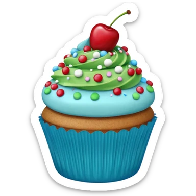 Cartoon Cupcake: blue cream, green paper, sprinkles with cherry on top  sticker
