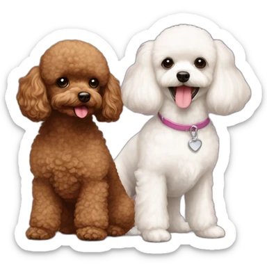 Brown toy poodle next to same height white Maltese sticker
