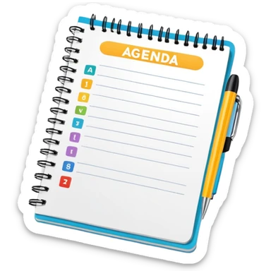 A colorful spiral notebook with 'AGENDA' at the top and bullet point items below it sticker