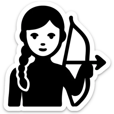 girl with olive skin, gray eyes, black hair in a side braid, black outfit, bow and arrow sticker
