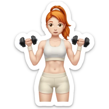 Ginger gym girl with dumbbells and cream gym clothes sticker