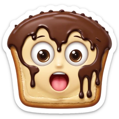 Rectangular chocolate mini pastry, slightly messy and squished, chocolate dripping, big round eyes, wide open mouth, playful surprised expression, text above: "ПАСТИЧКА", chibi style, Twitch emoji style, transparent background, colorful

 sticker