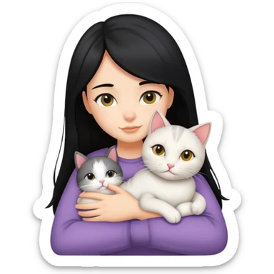 A black-haired girl hugging a cat sticker