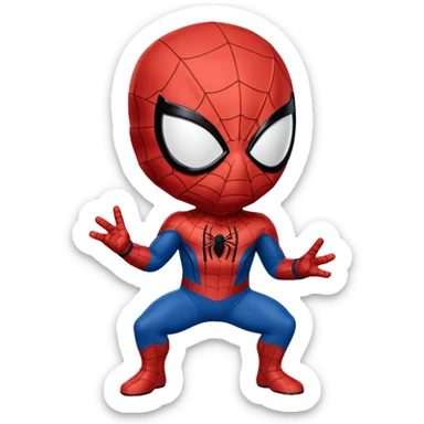 Un piccolo Spider-Man stilizzato in versione “chibi” o cartoonesca, appeso a testa in giù da un filo di ragnatela sottile. Il costume è classico,  La posa è compatta, con le braccia e le gambe piegate verso il corpo, dando un senso di leggerezza e simpatia.  sticker