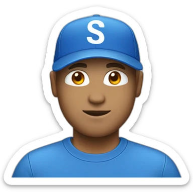 A white men who have a blue cap with letters "SK" and he have a blue shirt sticker