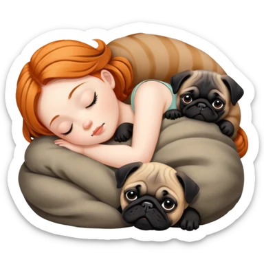 Sleeping ginger girl with black pug puppy and brindle pug puppy sticker