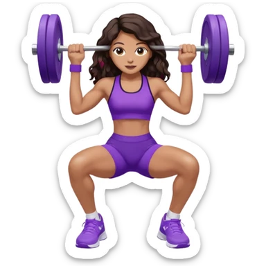 mujer de tez trigueña, con cabello castaño oscuro ondulado con pequeñas ondas, con el cabello super largo hasta las rodillas estilizado, con ropa deportiva morada/lila, tenis blancos deportivos y levantando una pesa sticker
