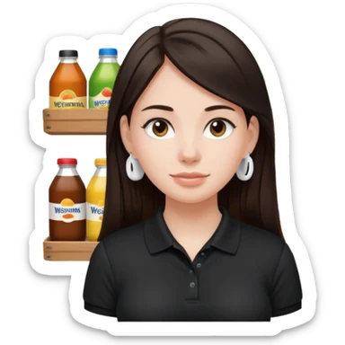 Girl with long dark brown hair with airpods wearing a black wegmans grocery store polo sticker