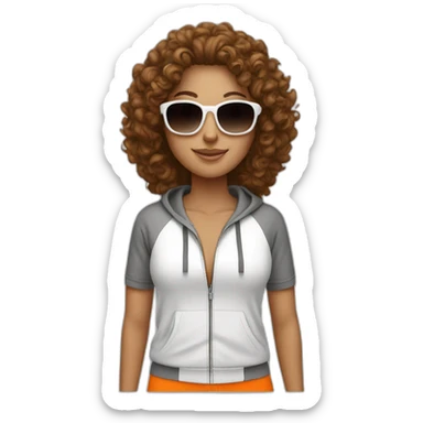 generate a brown curly long hair white woman with sunglasses, she wear a orange tracksuit  sticker