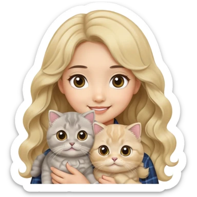 Gray Scottish fold hold by Asian girl big eye blonde wavy long hair smiling  sticker