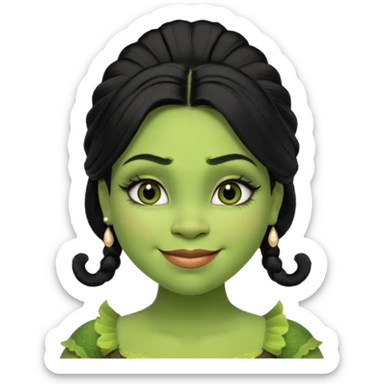 A beautiful girl Shrek, who has big eyelashes and had black hair. She has some makeup on too. She is dressed very very trendy. And she is smilingl. sticker