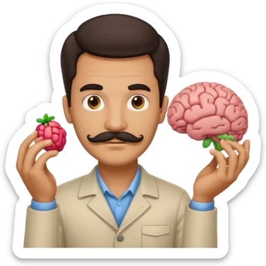 mustachioed man with dark hair holding a brain as an emoji sticker
