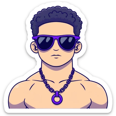 shirtless male athlete with white skin and moderately curly black hair on top with shaved sides, wearing purple sunglasses with very dark heavily tinted black lenses that completely hide the eyes, and a plain black chain necklace sticker