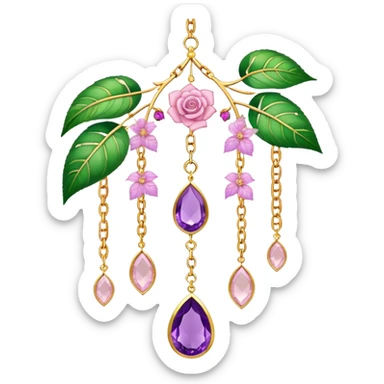 Hanging suncatcher, gold chains with shiny sparkly amethyst and rose-quartz gemstones, flowers, beautiful leaves, gorgeous aesthetics sticker