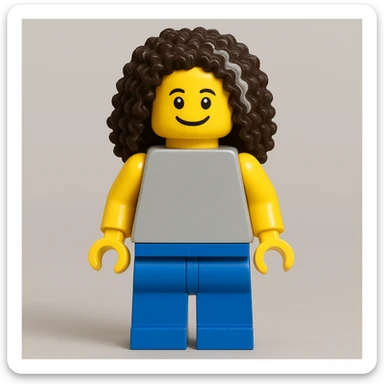 Create a full body LEGO minifigure based on the provided face image. Include the clearly whitish-gray section of hair, keep the smile, and maintain the playful classic LEGO style. Show the classic LEGO body, arms, and legs in the design. sticker