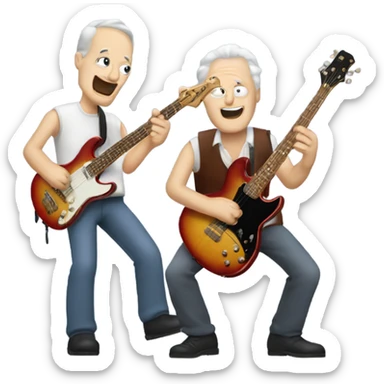 Three older white musicians jamming. one on a Gibson guitar, one on a Fender bass and one on a drum sticker