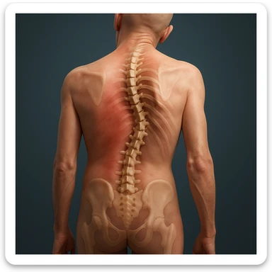 Create a hyperrealistic 3D image of a human body viewed from behind with one shoulder higher and the other lower, showing a crooked posture and evident scoliosis. The spine should be realistic, well visible, and crooked. Emphasize the back pain and spinal deformity in a medical atmosphere. Render in 4K quality. Use the reference image for details. sticker