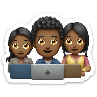 2 girl and 3 man each of them holding laptop and sit together  sticker