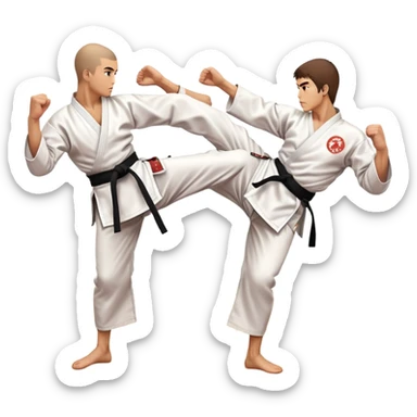 Two karate fighters in traditional gi sparring. One executes a high kick aimed at the opponent’s head, while the other blocks with a strong hand defense. The background features a classic dojo with wooden flooring and banners. Dynamic motion and focused expressions. Transparent background. sticker